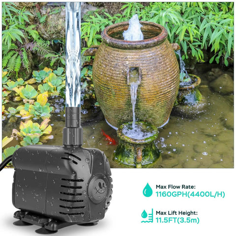 1160 GPH Submersible Water Pump with Eleven and a Half Feet Lift next to a garden fountain setup