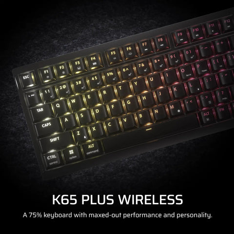 Top Shelf Wireless 75 Percent Gaming Keyboard Featuring Hot Swap MLX Tactile Switches Premium PBT Double Shot Keycaps And Glowing Per Key RGB Backlighting dual layer acoustic dampening built for clutch wins and late night rigs in black, illuminated keys in RGB.