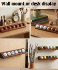 Two Pack Walnut Golf Ball Holder Display Case With Wall Mount Or Tabletop Stand For 12 Standard Balls shown on desk and wall.