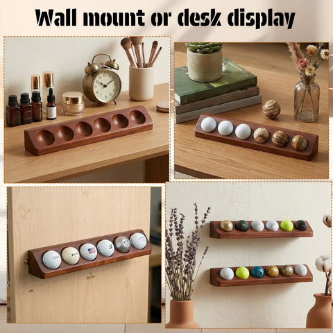 Two Pack Walnut Golf Ball Holder Display Case With Wall Mount Or Tabletop Stand For 12 Standard Balls shown on desk and wall.