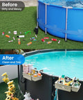 Before and after images showing messy pool area versus tidy setup with 2 Piece Poolside Storage Basket Set With Cup Holder For Above Ground Pools Fits Steel Round Or Oval Frames Top Rail 3 Inches Or Less Upgrade Kit For Easy Deckside Organization And Poolside Convenience.