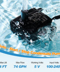 Smart Tiny But Mighty Mini Sump Pump With Water Sensor submerged in water, showcasing auto start/stop feature, 74 GPH
