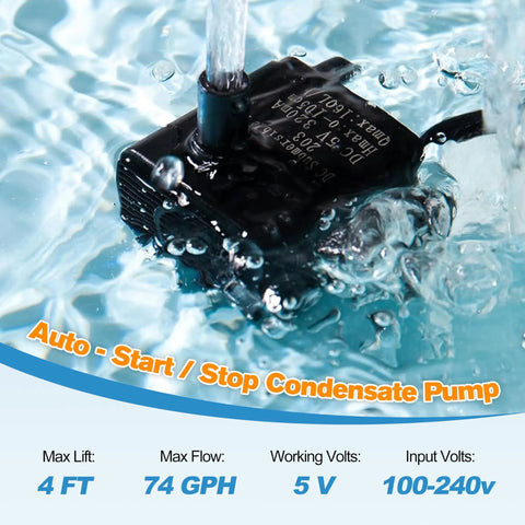 Smart Tiny But Mighty Mini Sump Pump With Water Sensor submerged in water, showcasing auto start/stop feature, 74 GPH