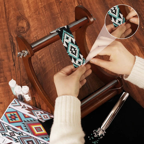 Person using Wood Bead Loom Kit For Jewelry Making With Detailed Instructions, ergonomic beechwood loom, 6x6.7 inch work surface.
