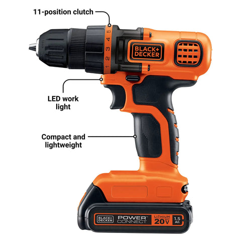 Side view of 20V Cordless Drill Driver Kit With 11-Position Clutch And 44-Piece Home Project Set PowerConnect Battery System