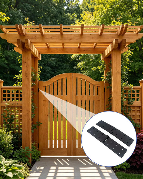 Beefy Heavy Duty Gate Butt Hinges For Wooden Fences And Shed Doors Outdoor Hardware shown on wooden gate with trellis