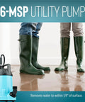 6-MSP 115V 1/3 HP Aluminum Utility Pump For Water Transfer And Flood Cleanup with two pairs of boots on wet floor