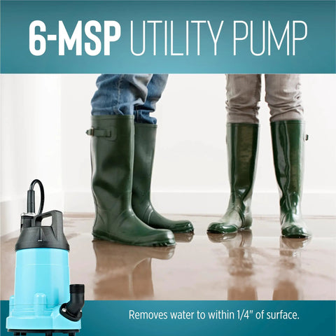6-MSP 115V 1/3 HP Aluminum Utility Pump For Water Transfer And Flood Cleanup with two pairs of boots on wet floor