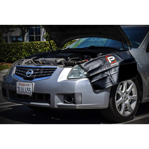Heavy-Duty 24 By 34 Inch Black Plush Vinyl Fender Cover Pad For Auto Repair And Maintenance on a car hood, under-hood view