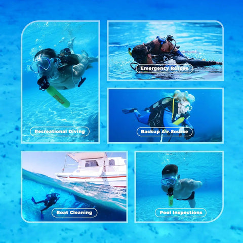 5-image collage of 0.5L Mini Scuba Tank S300 Portable Diving Cylinder With Explosion Proof Safety used in various underwater activities.