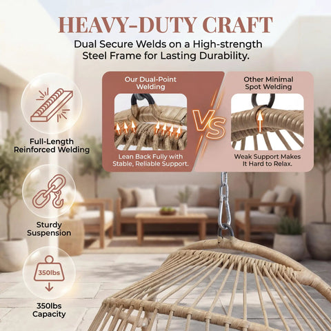 Graphic showing welding strength of Outdoor Hanging Egg Chair Without Stand For Patio Or Balcony, highlighting steel frame durability.