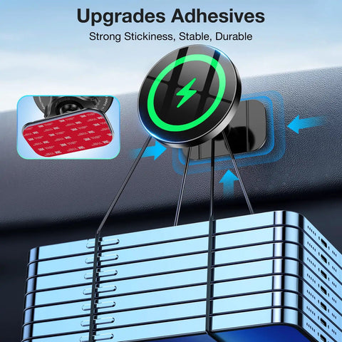 2 In 1 MagSafe Car Charger And Phone Holder With Ultra Sticky Dashboard Mount For iPhone, showing adhesive strength and wireless charging