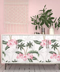 Tropical Palm Leaf Dope Easy Peel and Stick Wallpaper Waterproof Pink Floral Contact Paper on cabinet doors.