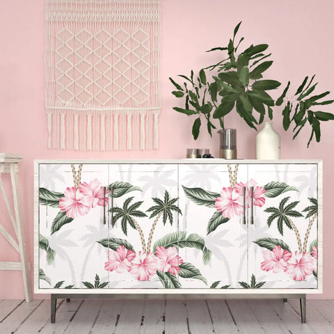 Tropical Palm Leaf Dope Easy Peel and Stick Wallpaper Waterproof Pink Floral Contact Paper on cabinet doors.