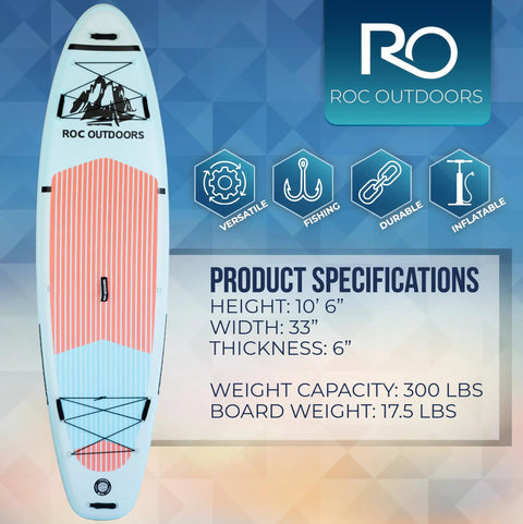 Inflatable Stand Up Paddle Board 10 Ft 6 In with Premium SUP Paddle Accessories and specifications display