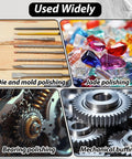 24 Piece Chainsaw Sharpening Bits Set In 5/32 Inch, 3/16 Inch, And 7/32 Inch For Polishing And Grinding Chains, Woodworking And Jewelry Making, Pink Finish images showing use in die, jade, bearing, and mechanical polishing.