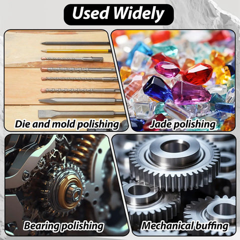 24 Piece Chainsaw Sharpening Bits Set In 5/32 Inch, 3/16 Inch, And 7/32 Inch For Polishing And Grinding Chains, Woodworking And Jewelry Making, Pink Finish images showing use in die, jade, bearing, and mechanical polishing.