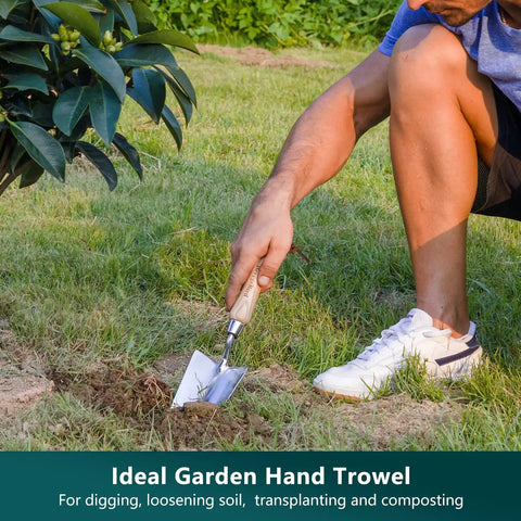 Person using Three Piece Garden Tool Set With Wooden Handles Stainless Steel Trowel to dig and plant in garden
