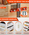 Pro-Grade Adjustable Cabinet Handle Template Tool With Alignment Hole Drill Guide For Knobs Handles And Pulls showing measurement scale