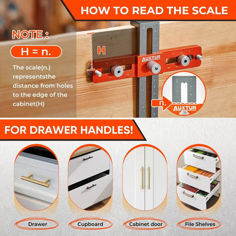 Pro-Grade Adjustable Cabinet Handle Template Tool With Alignment Hole Drill Guide For Knobs Handles And Pulls showing measurement scale