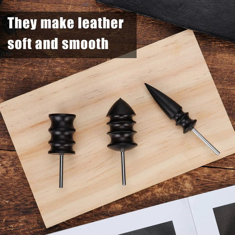 Three Piece Leather Burnisher Bits Set For Rotary Tools With Three Styles Edge Burnishers on wooden background