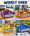 12 Pack Colorful Classroom Caddies With Three Compartments shown with various supplies in different settings
