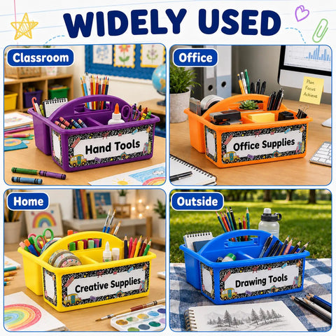 12 Pack Colorful Classroom Caddies With Three Compartments shown with various supplies in different settings