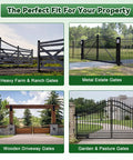 Four types of gates including heavy farm and ranch, wooden driveway, metal estate, and garden pasture gates.