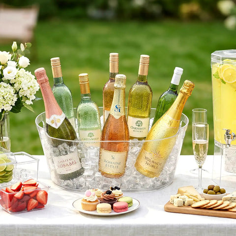 Massive 11.5L Ice Bucket Duo For Parties, Dual Pack Drink Cooler Tub holding champagne and wine bottles, suitable for outdoor events.