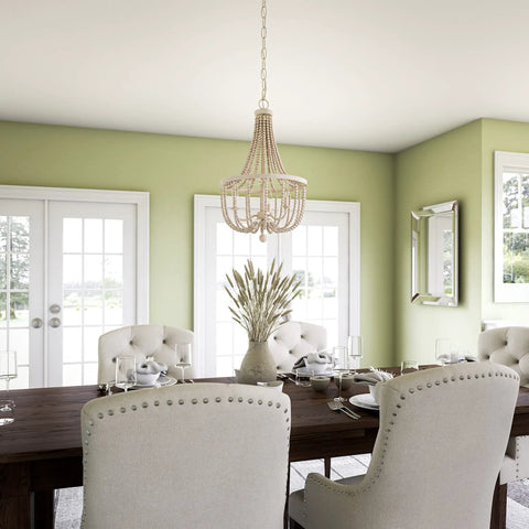 Dumas 3 Light Coastal Boho Chandelier With Weathered White Beads And Exposed Bulbs For A Cozy Vibe in dining room