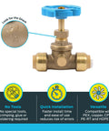 Half Inch Brass Push Stop Valve With Drain And Vent For PEX Copper CPVC PE-RT HDPE Plumbing Fittings