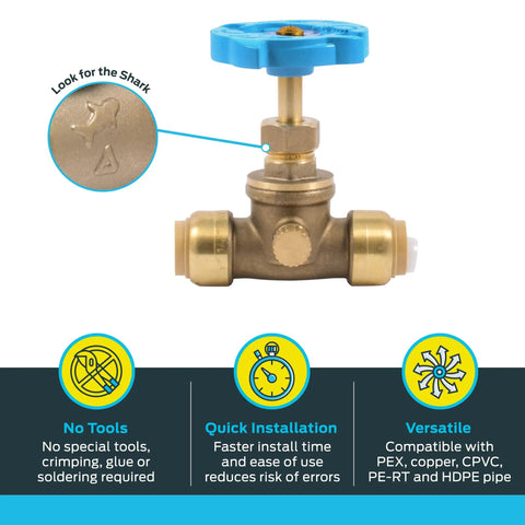 Half Inch Brass Push Stop Valve With Drain And Vent For PEX Copper CPVC PE-RT HDPE Plumbing Fittings