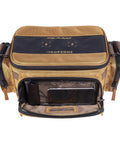 Front view of Guide Series 3500 Soft Tackle Bag With Five 3500 Stowaway Boxes, showing khaki fabric and multiple zippers.