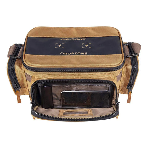Front view of Guide Series 3500 Soft Tackle Bag With Five 3500 Stowaway Boxes, showing khaki fabric and multiple zippers.