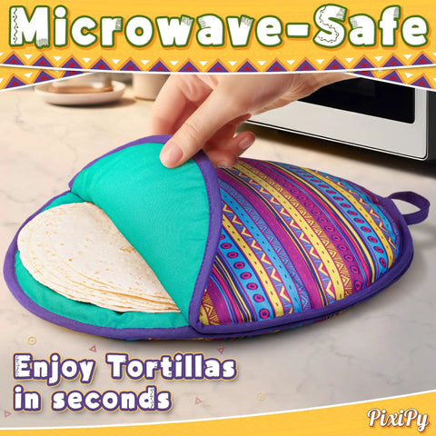 Person placing tortillas in a multicolor 12 inch tortilla warmer pouch, microwavable fabric insulated heat keeper next to microwave.