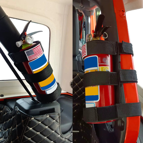 Badass Trail Tough Heavy Duty Black Nylon Fire Extinguisher Roll Bar Mount With Ultra Universal Hook Fastening Straps For Jeep Wrangler Off Road Rig Build holding a fire extinguisher securely.