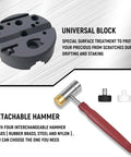 Pin Punch Set 40 Piece Steel And Brass With Hammer And Bench Block showing universal block and detachable hammer