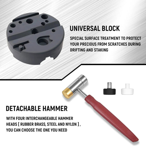 Pin Punch Set 40 Piece Steel And Brass With Hammer And Bench Block showing universal block and detachable hammer