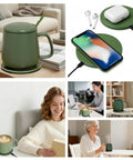 Smart Temperature Control Heated Coffee Mug 13 Oz Premium Ceramic Warm Auto Heater That Keeps Your Sip Toasty All Day With Integrated 15W Wireless Phone Charger Stand Olive Green with accessories.