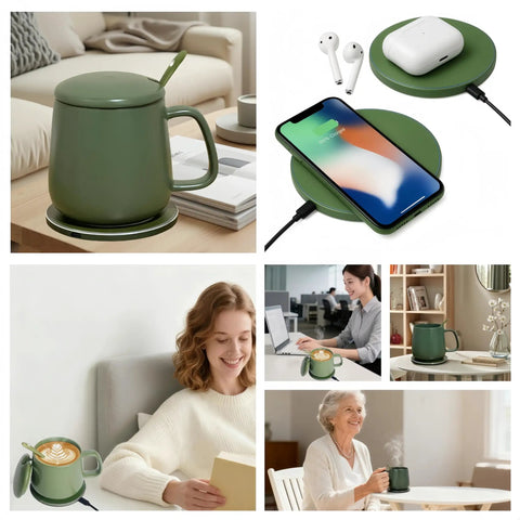 Smart Temperature Control Heated Coffee Mug 13 Oz Premium Ceramic Warm Auto Heater That Keeps Your Sip Toasty All Day With Integrated 15W Wireless Phone Charger Stand Olive Green with accessories.