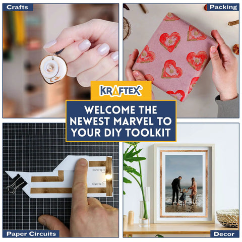 Collage featuring KraftEx DIY uses: crafts with small tool, packing with heart-themed paper, paper circuits, and decor with framed photo.