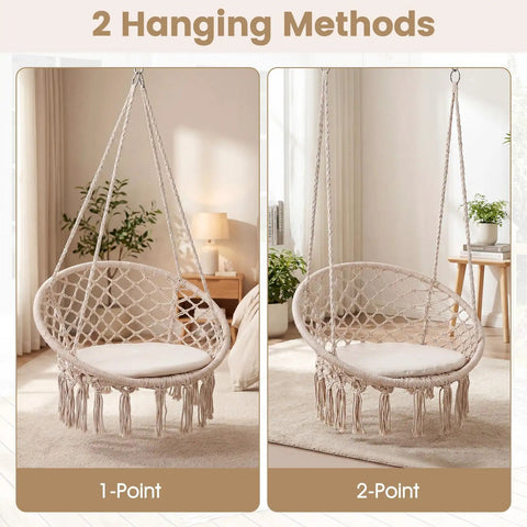 Beige Macrame Swing Chair With Round Seat Cushion, Indoor Outdoor Hanging Hammock Chair, Durable Polyester Cotton Ropes