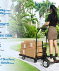 Electric Platform Truck 661 Lbs Capacity Heavy Duty Flatbed Cart With 1000W Motor For Warehouse Sorting And Supermarket Stocking, woman using it outdoors with boxes.