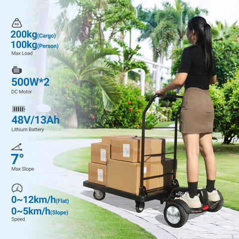Electric Platform Truck 661 Lbs Capacity Heavy Duty Flatbed Cart With 1000W Motor For Warehouse Sorting And Supermarket Stocking, woman using it outdoors with boxes.