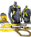 Heavy Duty Double Leg Safety Lanyard With 3 D Ring Harness And External Shock Absorber, Extends From 6 Feet To 7 Feet 2 Inches, ANSI OSHA Roofing Fall Protection with gear and snap hooks displayed.