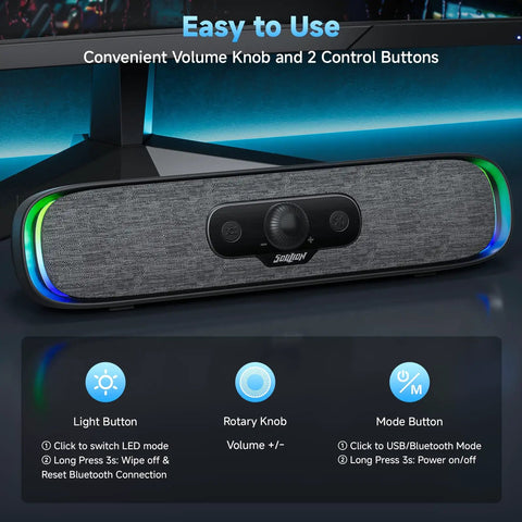 USB C And USB Powered Computer Speakers With Colorful LED Lights Plug N Play Wired Bluetooth Sound Bar With Rotary Volume Control
