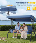 Family sitting on Three Seat Outdoor Porch Swing With Adjustable Canopy Converts To Bed Two In One Patio Swing And Lounge With Thick Cushions Pillows And Cup Holders For Porch Backyard And Garden Blue with a cat playing nearby