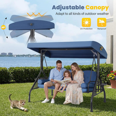 Family sitting on Three Seat Outdoor Porch Swing With Adjustable Canopy Converts To Bed Two In One Patio Swing And Lounge With Thick Cushions Pillows And Cup Holders For Porch Backyard And Garden Blue with a cat playing nearby