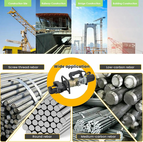 MXJCKSOQ Electric Hydraulic Rebar Bender Tool 1800W Handheld Machine showcased with various rebar types in a construction setting.