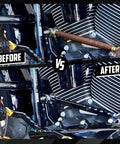 Shift Linkage Upgrade For Harley Softail Touring Trike 1986 Through 2025 Blue Aluminum Built Tough For Smooth Crisp Shifts On Touring And Trike Rigs For Quick Clean Shifts before and after linkage view